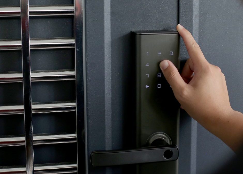 A modern home setup showcasing an electronic lock, smart devices, and 682 Locksmith's advanced security tools.